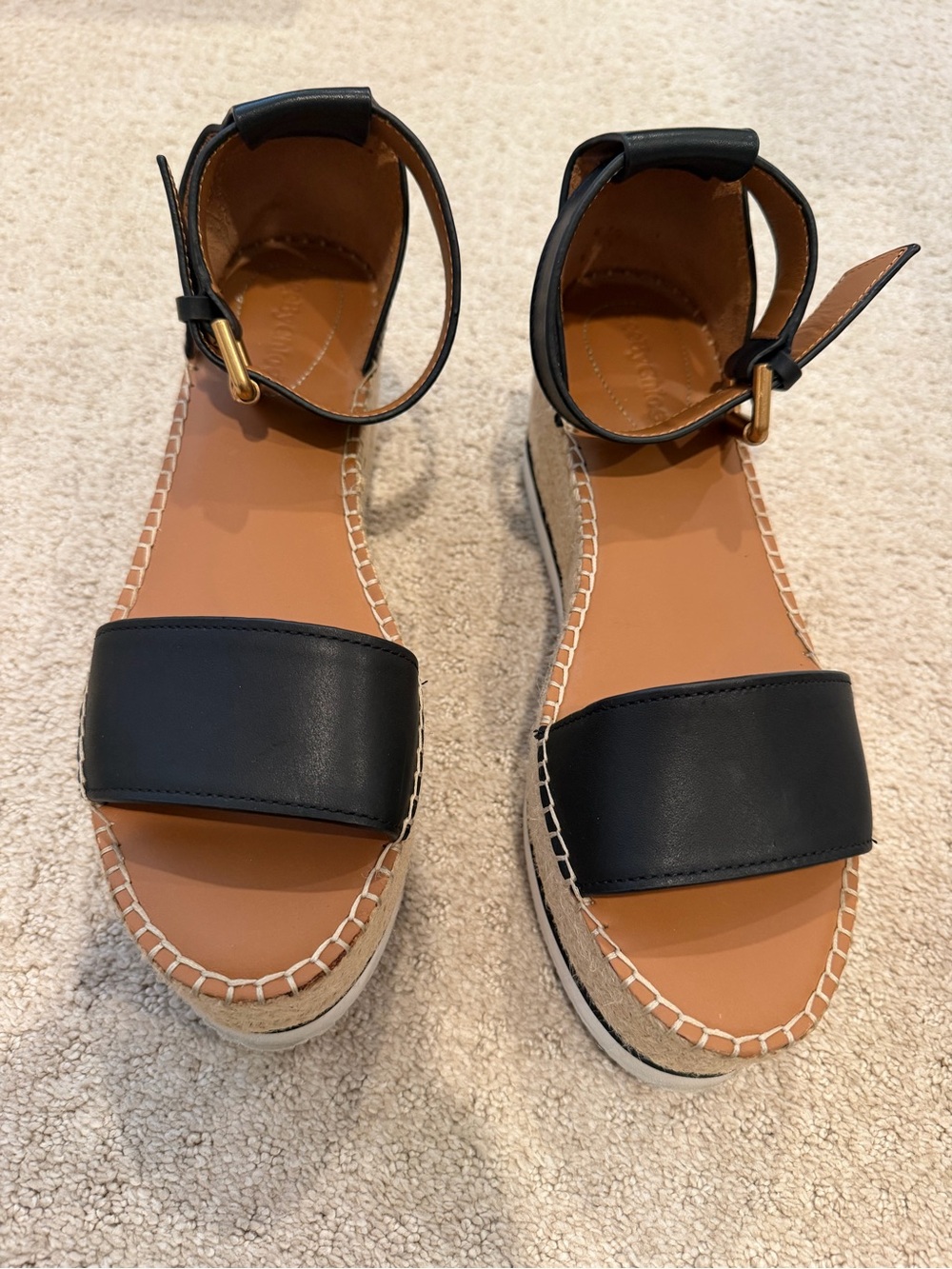 See By Chloe Black Leather Espadrille Platform Sandals - Picture 1 of 3